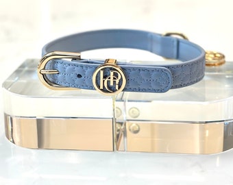 Collier pour chien en cuir végétalien bleu brume, élégant collier pour chiot