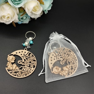 12Pcs Wooden Keychain with Angel Boy in Moon for Baptism/Baby Shower Favor Party Favors Recuerdos de Bautizo With Orgazna Bag