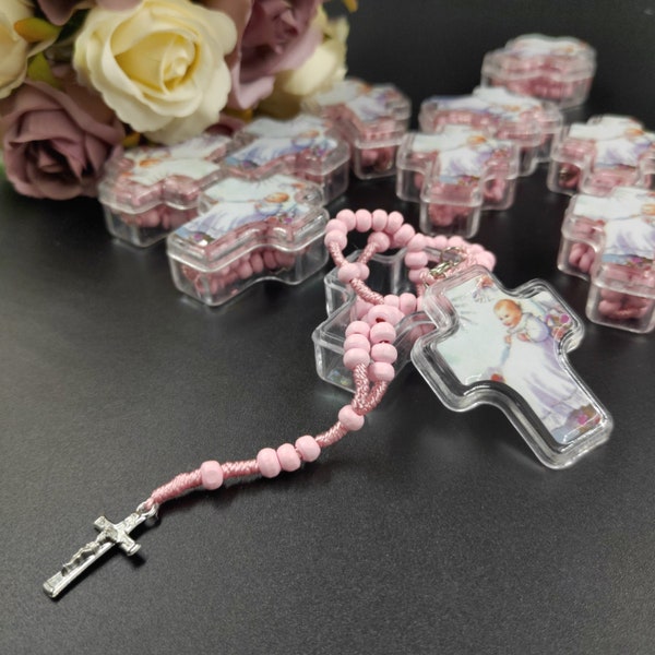 12 Pcs 10" String Bracelet Rosary Baptism Favor with Cross for Girl Party Favor Baby Shower Favor Recuerdos de Bautizo With Orgazna Bag