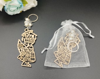 12Pcs Wooden Keychain with Angel Frame and Letters Baptism/Christening Favors Party Favors for Girl Recuerdos de Bautizo with Organza Bag