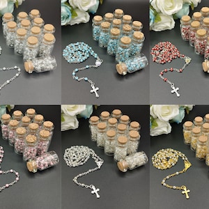 12pcs Rosary in Glass Bottle Beaded Necklace with Crucifix Cross Charm w/ Organza Bag Baptism/Christiening Party Favor Recuerdos de Bautizo