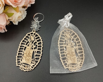 12pcs Wooden Keychain with Our Lady of Guadalupe Baptism/Christening Party Favors for Boy or Girl Recuerdos de Bautizo with Organza Bag