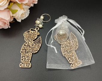 12Pcs Wooden Keychain with Angel Frame and Letters Baptism/Christening Favors Party Favors for Boy Recuerdos de Bautizo with organza bag