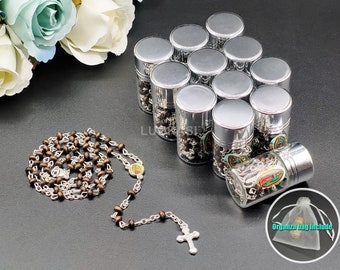12pcs Lady of Guadalupe Rosary in Glass Bottle W/ Crucifix Cross For Baby Shower Baptism/Christiening Party Favors Recuerdos de Bautizo