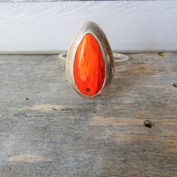 Handmade Fire Red Rosarita Pear Shape Cabochon and 925 Recycled Sterling Silver Statement Ring, Size 7 3/4