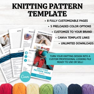 Puede incluir: Una plantilla de Canva para patrones de tejido. La plantilla incluye 8 páginas, 5 opciones de color y enlaces a Canva. El texto de la portada dice "Knitting Pattern Name".
