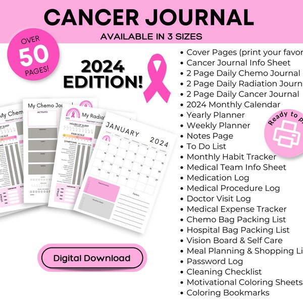 Agenda 2024 pour le cancer du sein - Journal rose de chimio et journaux médicaux, Journal du cancer, Journal imprimable, Cadeau cancer - Téléchargement numérique PDF