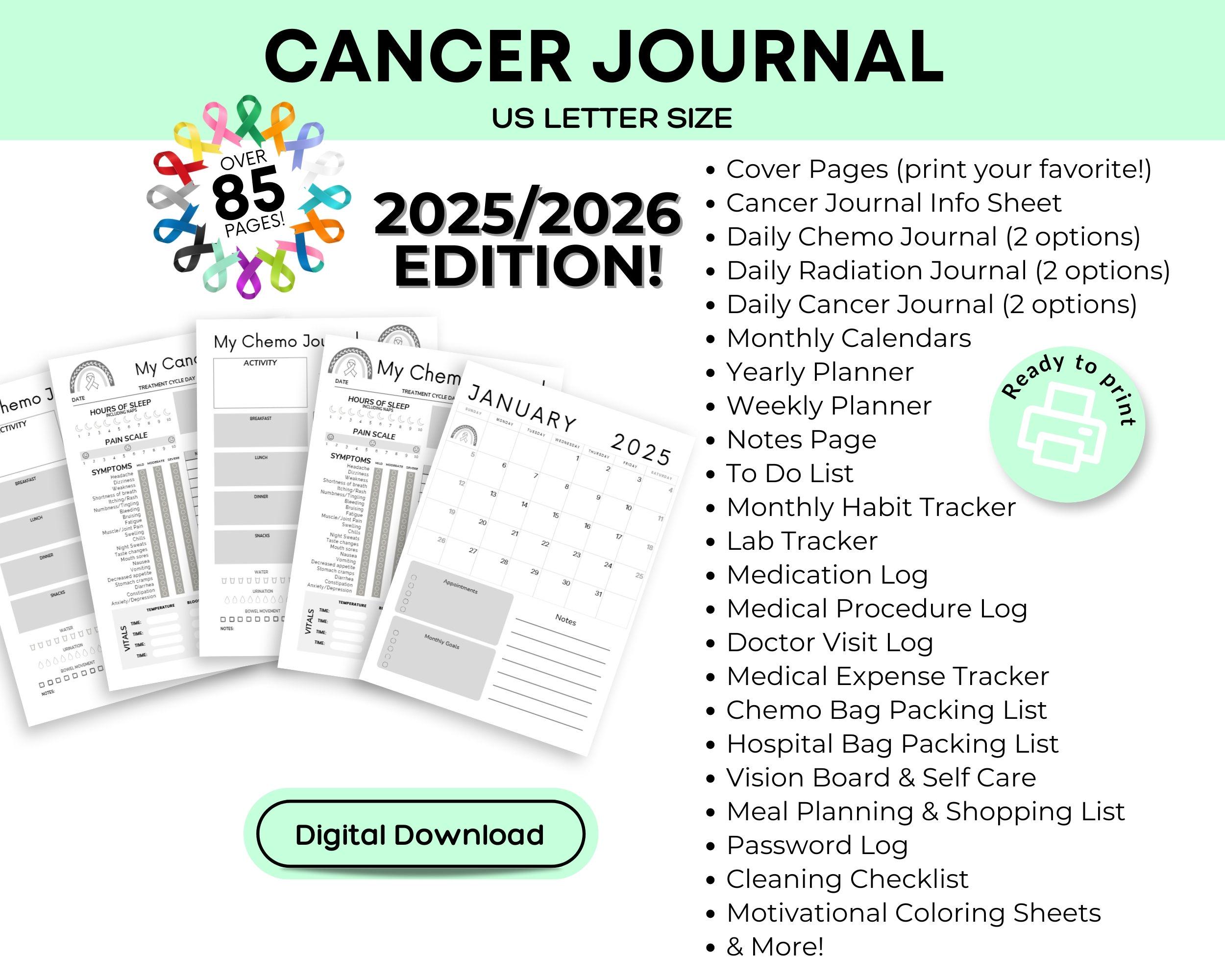 2025 2026 Cancer Planner Gray/White Chemo Journal & Medical Logs, Printable Cancer Journal to color, PDF download, Lung Cancer, Brain Cancer