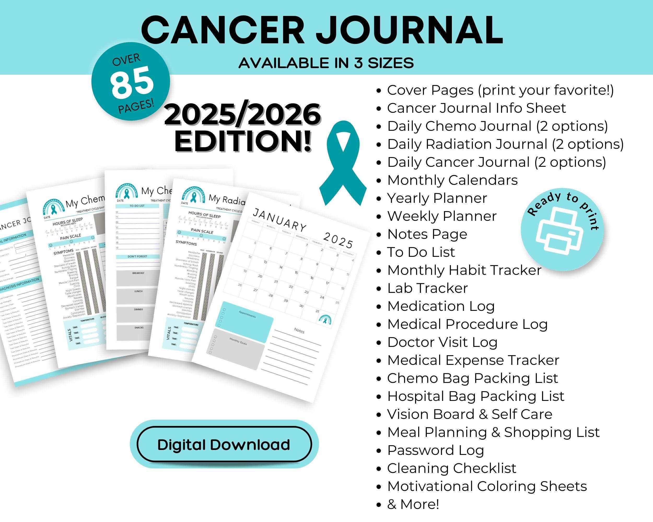 2025/2026 Planner for Ovarian Cancer-Teal Aqua Chemo Journal & Medical Logs, Printable Cancer Journal, Cancer Gift-PDF Digital download
