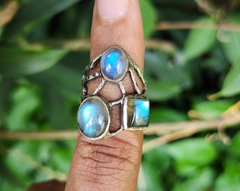 Designer Silver Ring Labradorite one of a kind natural gemstone 925 silver statement ring party wear,  can order gold silver jewelry