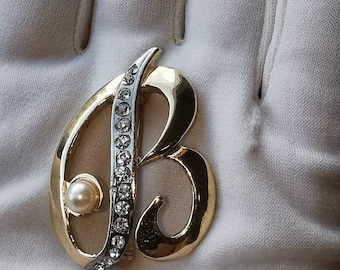 Vintage, gold tone, silver tone, rhinestones, pearl, initial letter 'B' brooch