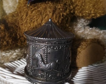 Vintage, silver plated, piggy bank, merry-go-round carousel, money bank, little, pretty, horses, nostalgia childhood, antiqued silver