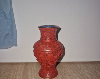 Vintage, scenary, cinnabar vase, red carved lacquer vase, blue enamel, brass