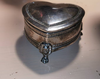 Vintage, silver plated, heart shaped, footed, lion, trinket box, jewelry box, casket, shabby chic, romantic, lovely