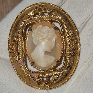 May include: A gold-toned cameo brooch with a white cameo of a woman's profile. The cameo is set in a decorative frame with floral accents.
