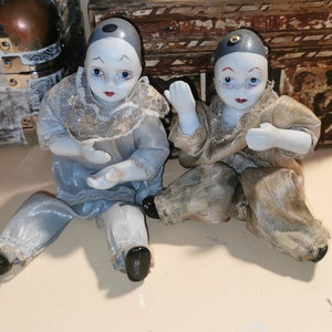 Vintage,antique,porcelain head, legs, arms pierrot dolls,set of two,manipulated pierrot dolls, fully bendable body pierrot dolls,harlequins image 3