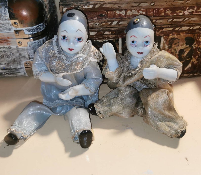 Vintage,antique,porcelain head, legs, arms pierrot dolls,set of two,manipulated pierrot dolls, fully bendable body pierrot dolls,harlequins image 3