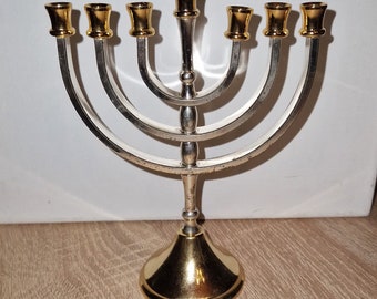 Vintage, 7 Branch Menorah, Karshi Jerusalem, 24K gold plated, silver plated,candle holder, candelabra, distressed, silver, gold, shabby chi