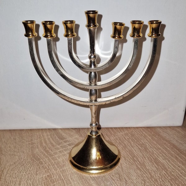 Vintage, 7 Branch Menorah, Karshi Jerusalem, 24K gold plated, silver plated,candle holder, candelabra, distressed, silver, gold, shabby chi