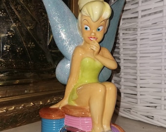 Vintage, Disney, Tinker Bell on spools, ceramic piggy bank, money box, beautiful, pretty fairy, nice gift for a girl
