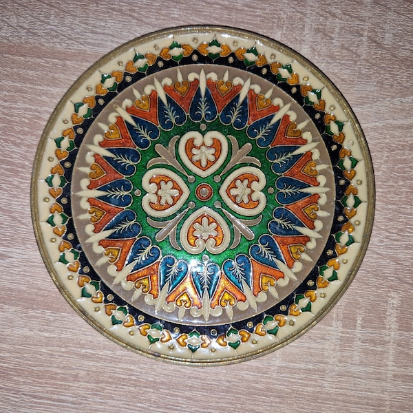 Vintage, solid brass, enamel, cloisonne, intricate, wall decor, wall hanging, plate, colour, ornate, vivid, mandala, Greek vintage plate