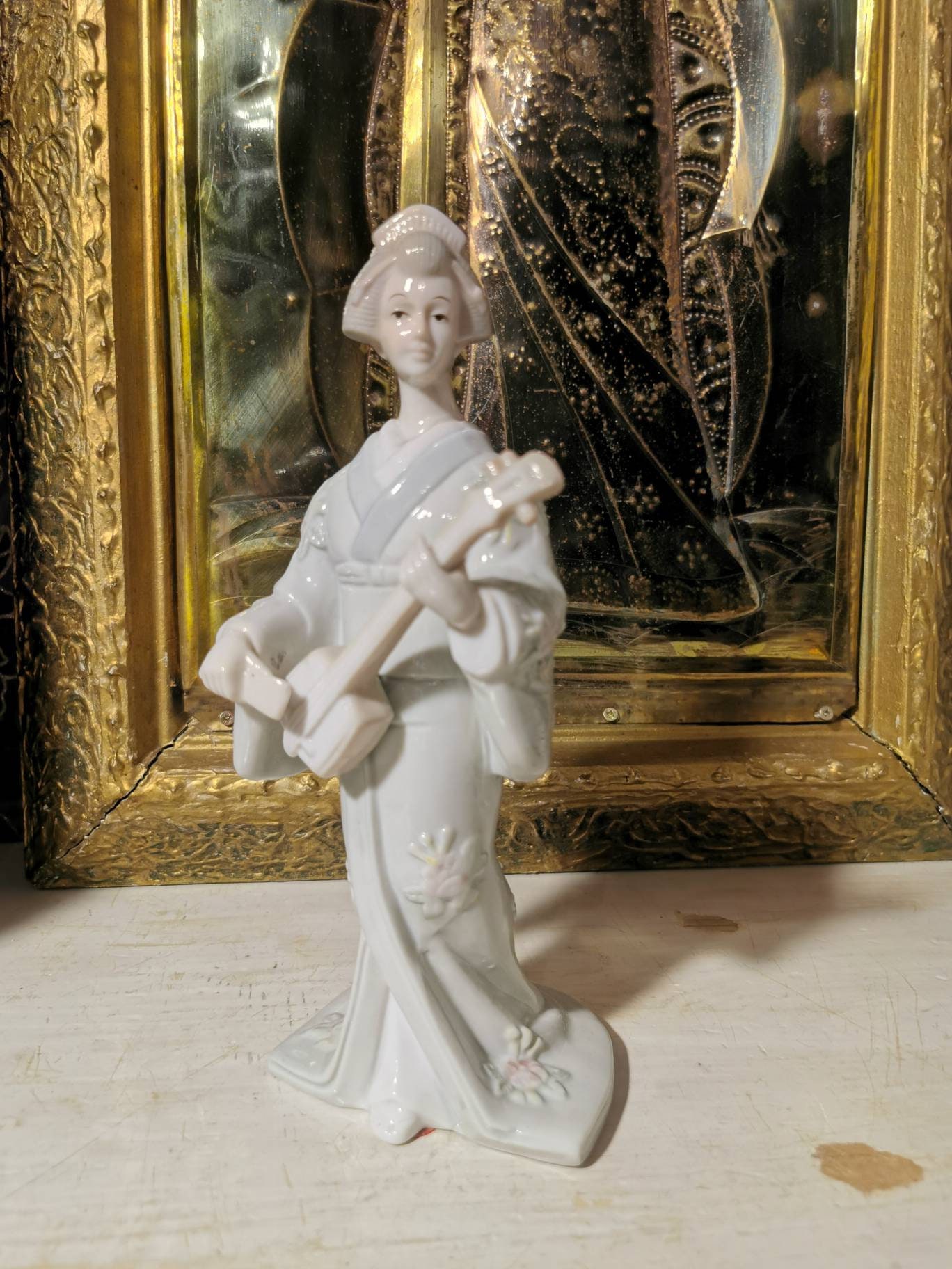 Vintage, Porcelain, Geisha Figurine Playing Shamisen, Pastel Colours