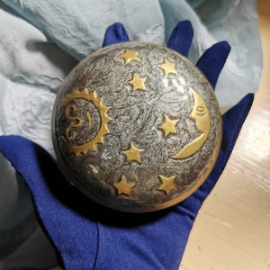 Vintage, brass, celestial, stars, sun, moon, shimmering, grey, enamel, round, plump, mystical, magical, trinket box, jewelry box