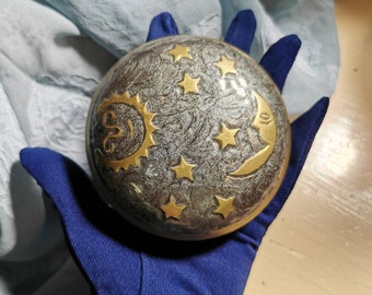 Vintage, brass, celestial, stars, sun, moon, shimmering, grey, enamel, round, plump, mystical, magical, trinket box, jewelry box