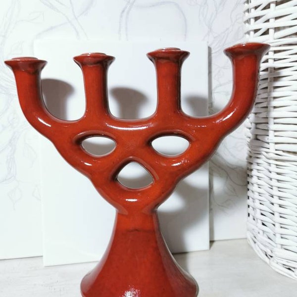 Huge,Brick red, modern, four branches, candelabra, candle holder, candle holder, NOT RED, interesting colour, ceramic candle holder, pottery