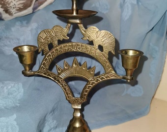 Vintage,brass,Indian,elephant design, ornated,embossed,candelabra, oriental candle holder,three branches,three arms, candle holder