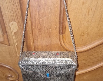 Vintage, oriental, metal foil, false gems, purse bag, clutch, antiqued silver, ornate bag, unusual clutch