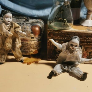 Vintage,antique,porcelain head, legs, arms pierrot dolls,set of two,manipulated pierrot dolls, fully bendable body pierrot dolls,harlequins