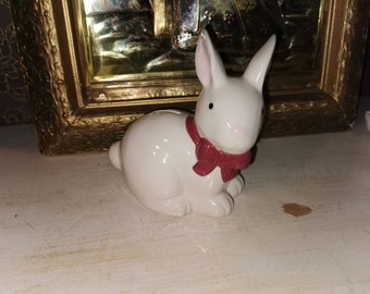 Vintage, ceramic, white rabbit, burgundy ribbon, piggy bank, Easter gift