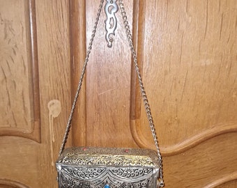 Vintage, oriental, metal foil, false gems, purse bag, clutch, antiqued silver, ornate bag, unusual clutch