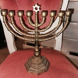 Vintage, brass, menorah, eigth branches, star of David