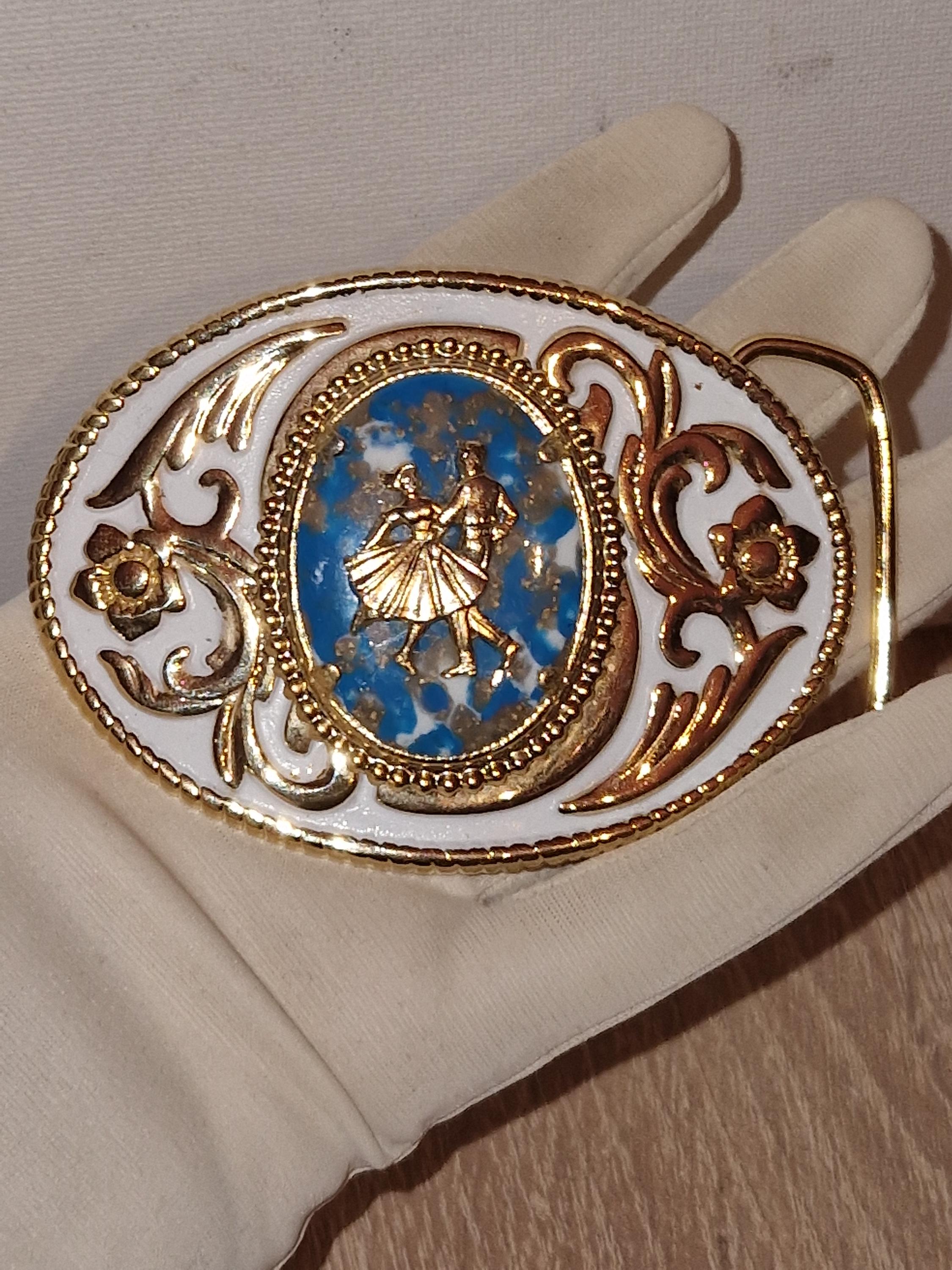 Fibbia Vintage Gold and Blue Belt with Colorful Accents NicoBlu® Astrid Leather Belt in Navy and Gold Horseshoe  main image 4
