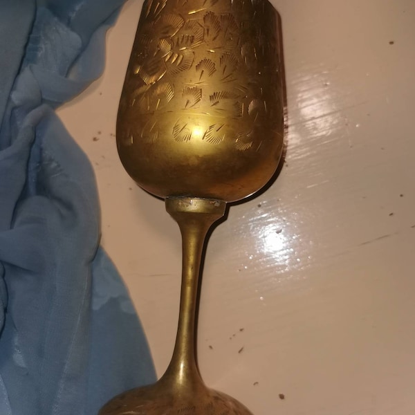 Vintage, solid brass, wine cup, goblet, etched goblet, floral design, brass goblet from India