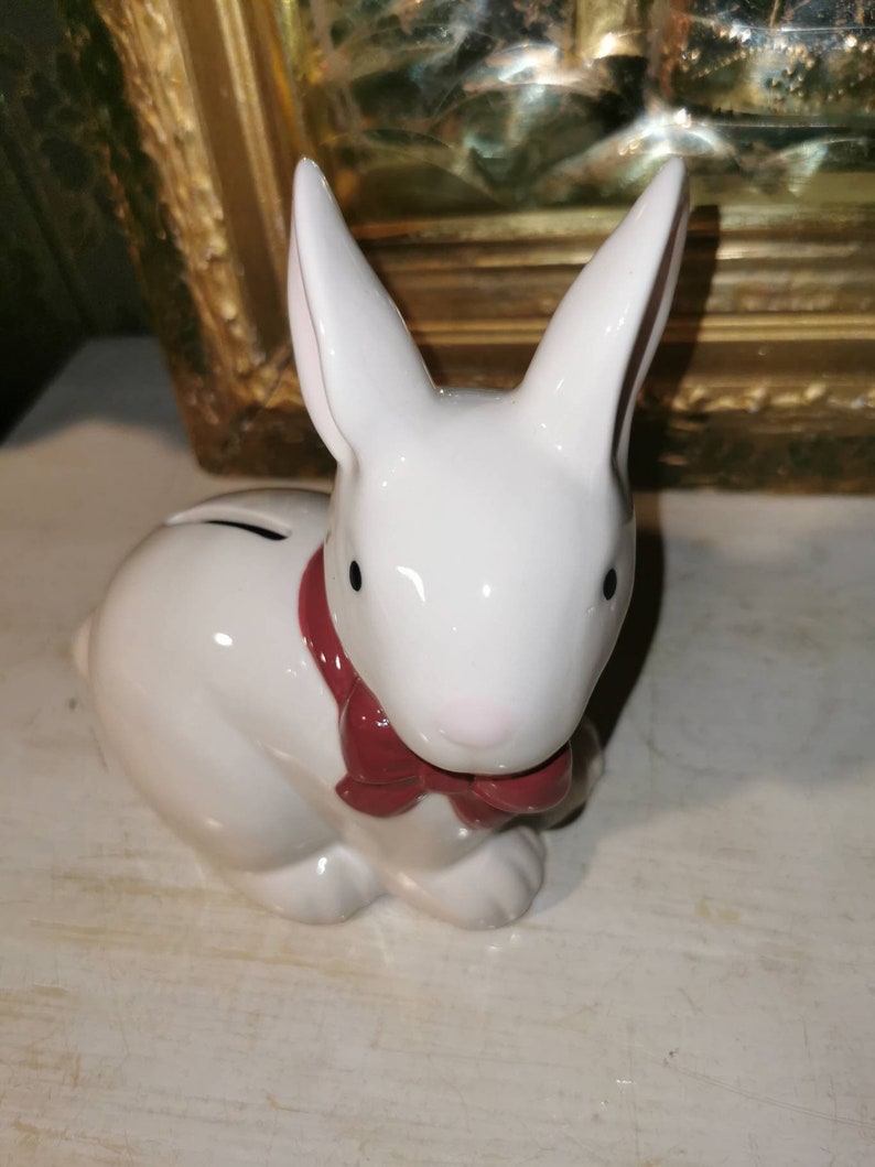 Vintage Ceramic White Rabbit Burgundy Ribbon Piggy Bank - Etsy