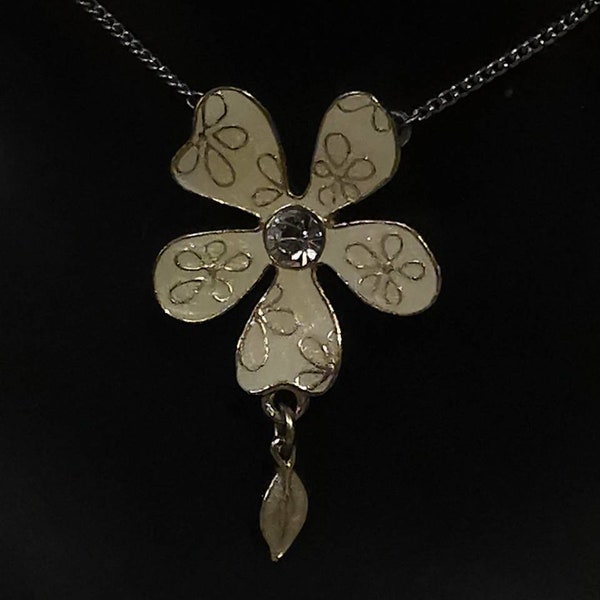 Vintage, Pilgrim, Danish Design,  cream yellow flower, rhinestone, shimmering flower pendant necklace