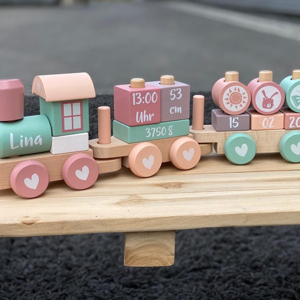 Holz-Eisenbahn Lokomotive Zug mit Steckformen Adventure Little Dutch ROSA/PINK 4479 | by Schmatzepuffer® "bedruckt personalisierbar"