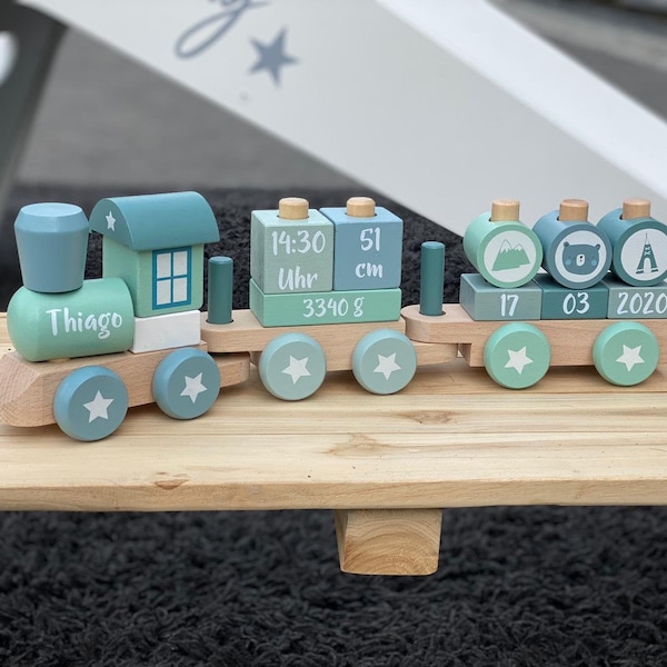 Holz Eisenbahn Lokomotive Zug mit Steckformen Adventure Little Dutch 4480 BLAU/BLUE/MINT"bedruckt personalisierbar"