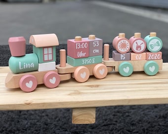 Holz-Eisenbahn Lokomotive Zug mit Steckformen Adventure Little Dutch ROSA/PINK 4479 | by Schmatzepuffer® "bedruckt personalisierbar"