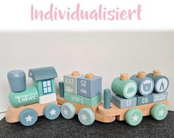 Wooden locomotive railway train with plug-in shapes Adventure Little Dutch 4480 BLUE/BLUE/MINT - personalized with your desired data