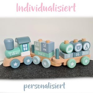 Wooden locomotive railway train with plug-in shapes Adventure Little Dutch 4480 BLUE/BLUE/MINT - personalized with your desired data