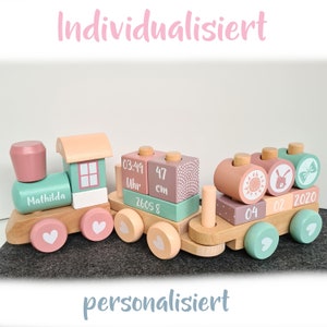 Wooden locomotive railway train with plug-in shapes Adventure Little Dutch 4479 PINK/ROSA- personalized with your desired data