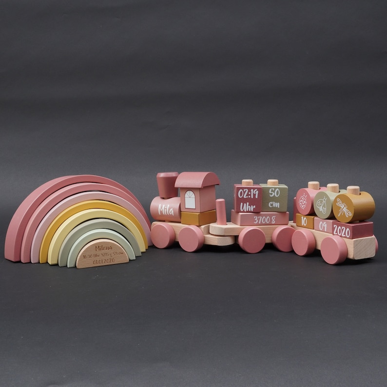 Baby gift for birth pink train stacking tower rainbow image 5