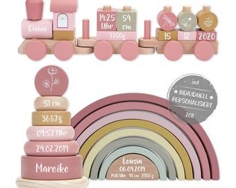 Babygeschenk zur Geburt Pink Zug Stapelturm Regenbogen