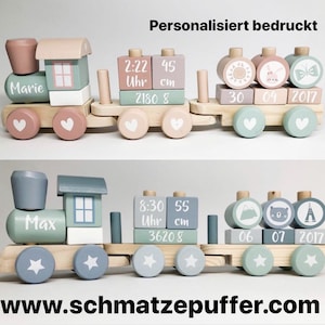 Geschenk zur Geburt personalisierte Eisenbahn bedruckt mit Geburtsdaten Little Dutch Bild 1