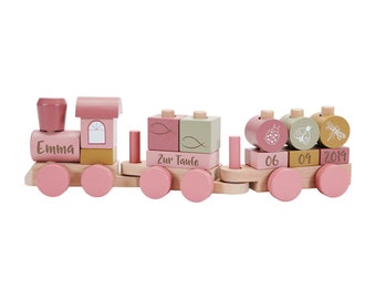 Wooden train Wild Flowers pink | Little Dutch - lasered for baptism