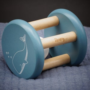 Little Dutch "Ocean" rattle grasping toy made of blue wood with laser engraving